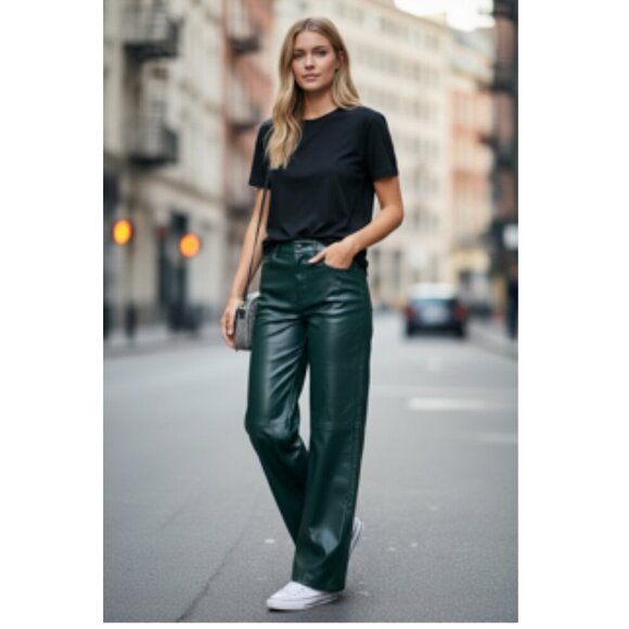 ZARA VEGAN GREEN MOSS WIDE LEG FAUX LEATHER JEANS MEDIUM/6 - Picture 2 of 7